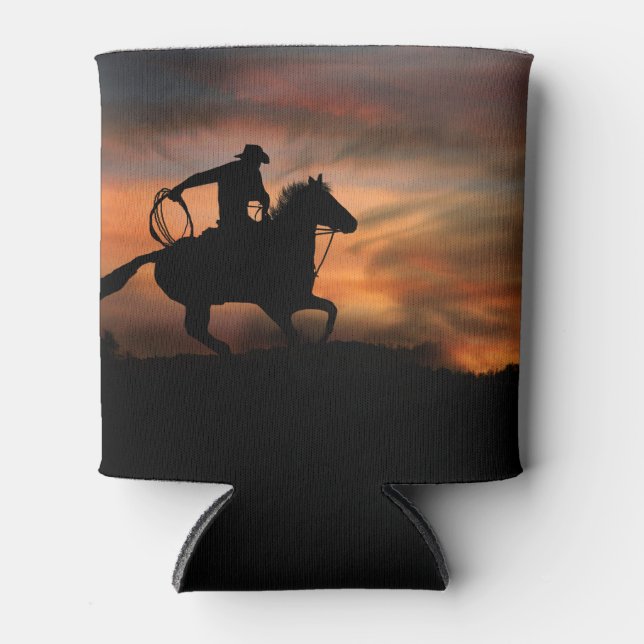 Cowboy and Horse Roping and Sunset Can Cooler (Front)