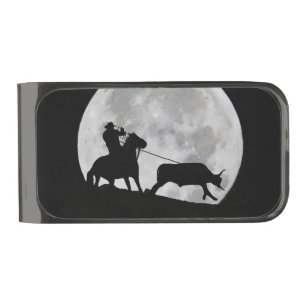Cowboy and Horse Roping Steer Full Moon Gunmetal Finish Money Clip