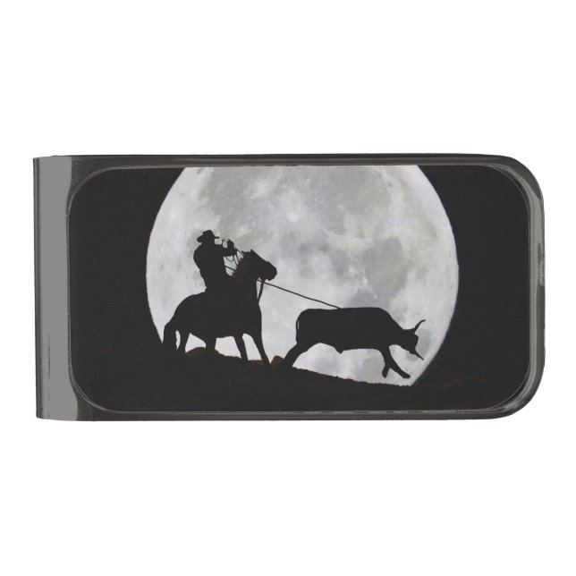 Cowboy and Horse Roping Steer Full Moon Gunmetal Finish Money Clip (Front)