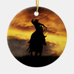 Cowboy and Horse Roping Sunset Xmas Ceramic Ornament