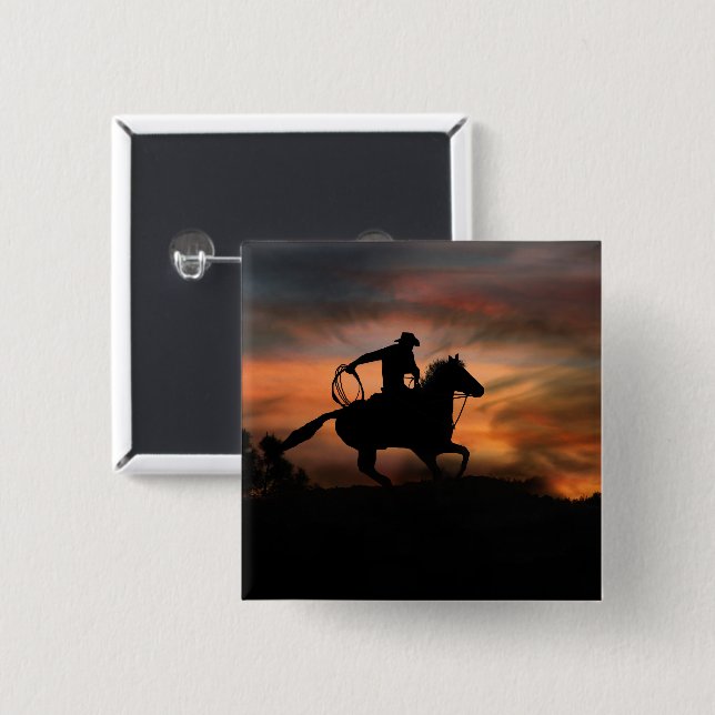 Cowboy and Horse Running In Sunset Button (Front & Back)