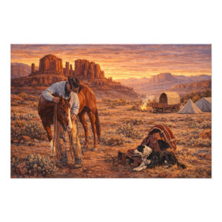 Cowboy and Horse Sunset Photo Print