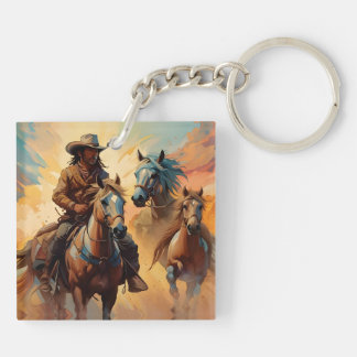 Cowboy and horses collage keychain