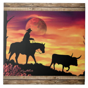 Cowboy And Longhorn Steer Ceramic Tile