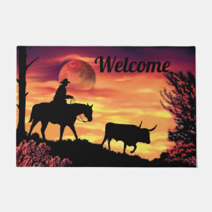 Cowboy And Longhorn Steer Doormat