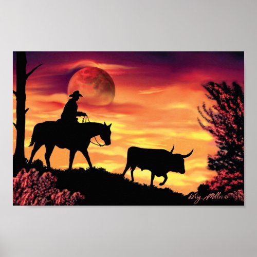 Cowboy And Longhorn Steer Poster