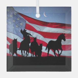 Cowboy and Wild Horses American Flag Glass Ornament