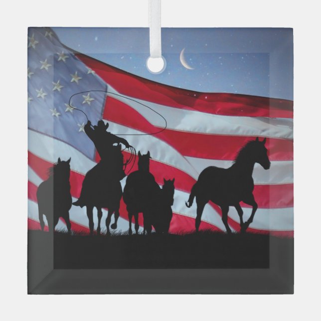Cowboy and Wild Horses American Flag Glass Ornament (Front)