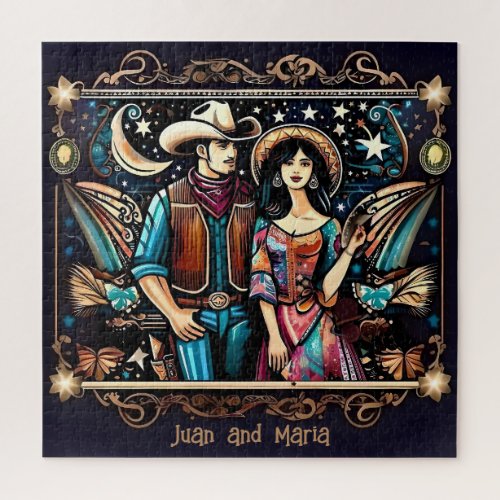 Cowboy and Woman Black and Gold Jigsaw Puzzle