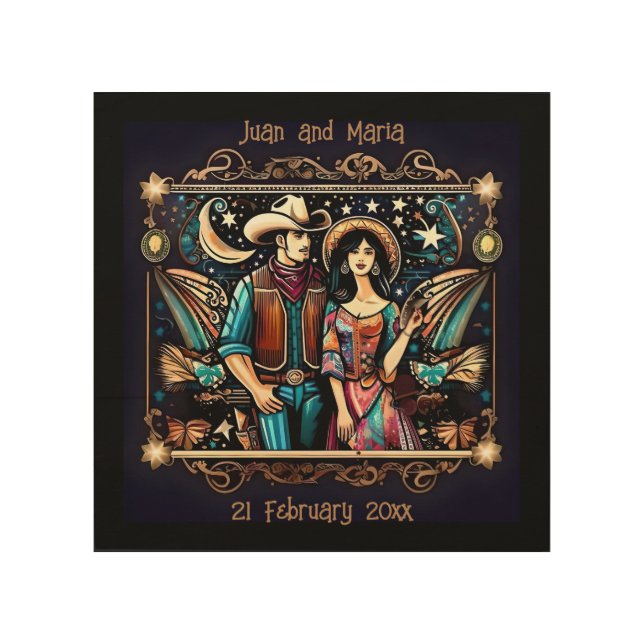 Cowboy and Woman Black and Gold Wood Wall Art (Front)