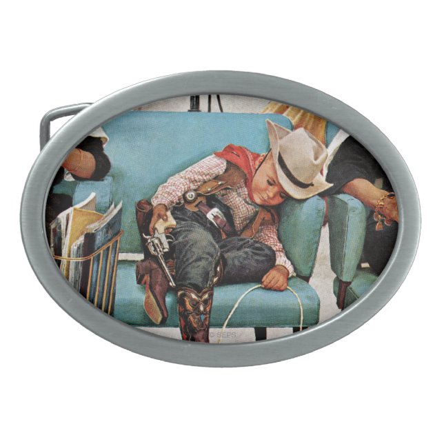 Cowboy Asleep in Beauty Salon Oval Belt Buckle (Front)