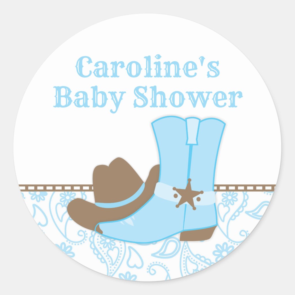 Cowboy Baby Shower Blue and Brown Classic Round Sticker