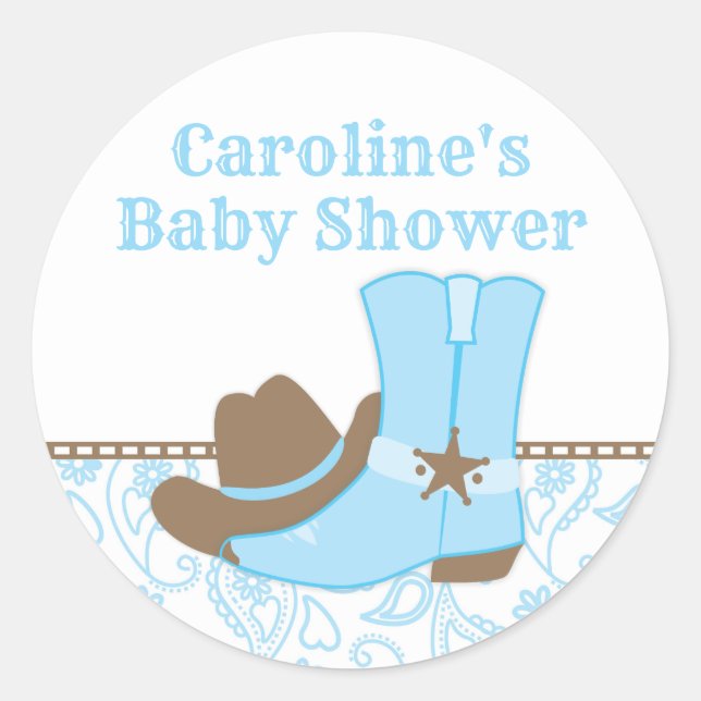 Cowboy Baby Shower Blue and Brown Classic Round Sticker (Front)