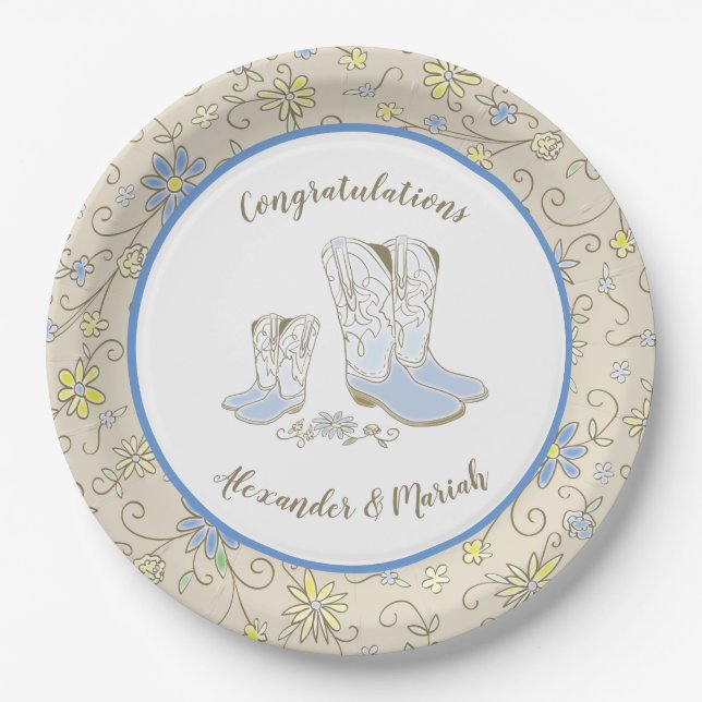 Cowboy Baby Shower Country Western Blue Boy Paper Plates (Front)