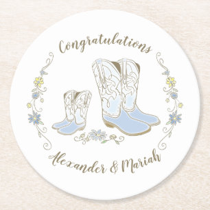 Cowboy Baby Shower Country Western Blue Boy Round Paper Coaster
