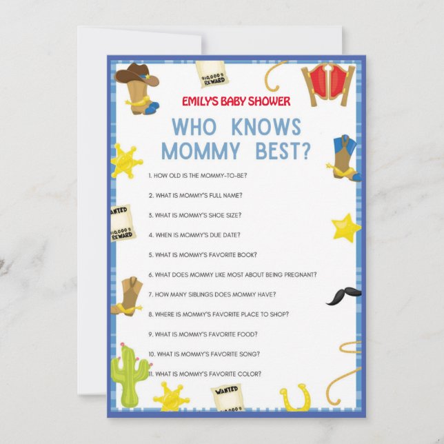 Cowboy Baby Shower Game - Editable Name, 5x7 size  Invitation (Front)