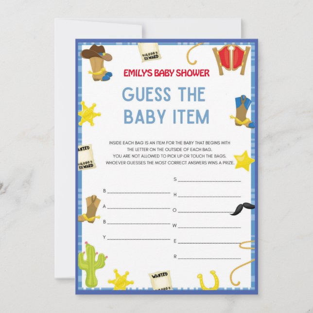 Cowboy Baby Shower Game - Editable Name, 5x7 size  Invitation (Front)