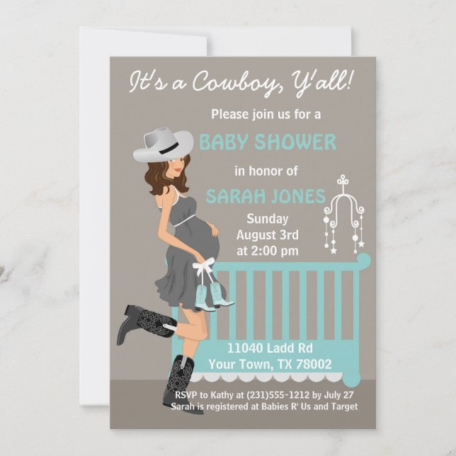 Cowboy Baby Shower Invitation - Brunette Western (Front)