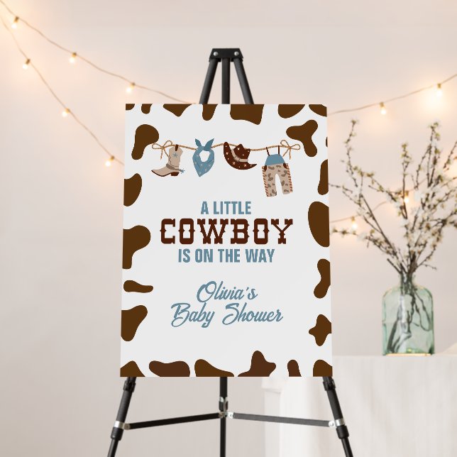 Cowboy baby shower sign with cow print (In Situ (Stand))