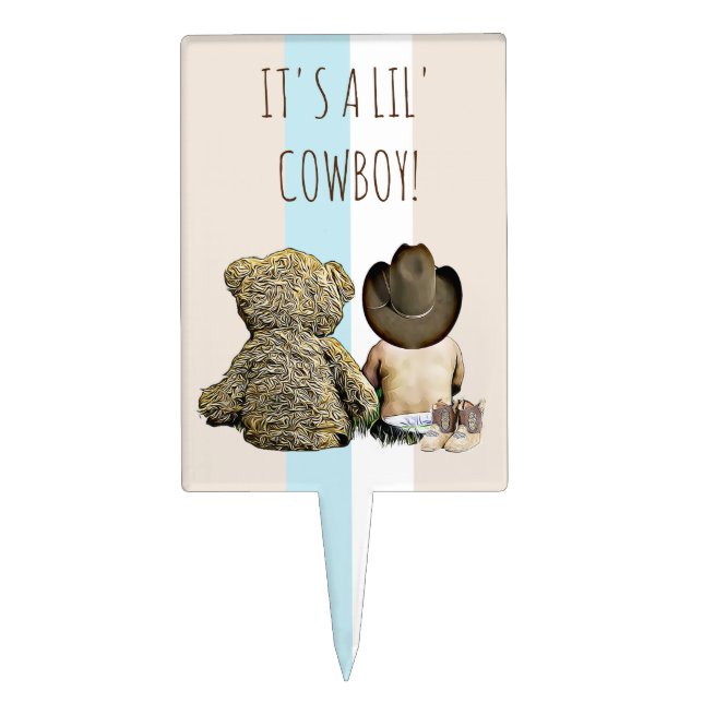 Cowboy Baby Teddy Bear Baby Shower Cupcake Topper (Front)
