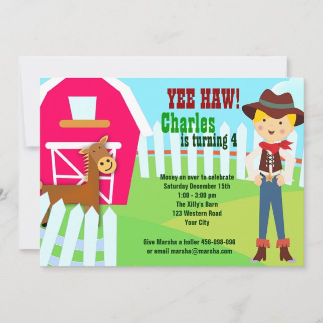 Cowboy barn farm birthday invitation (Front)