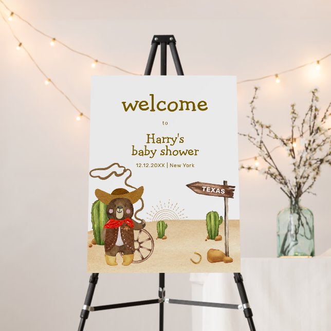 Cowboy Bear Western Baby Shower Welcome Sign (In Situ (Stand))