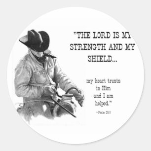 COWBOY: BIBLE: STRENTGH, SHIELD: PENCIL REALISM CLASSIC ROUND STICKER