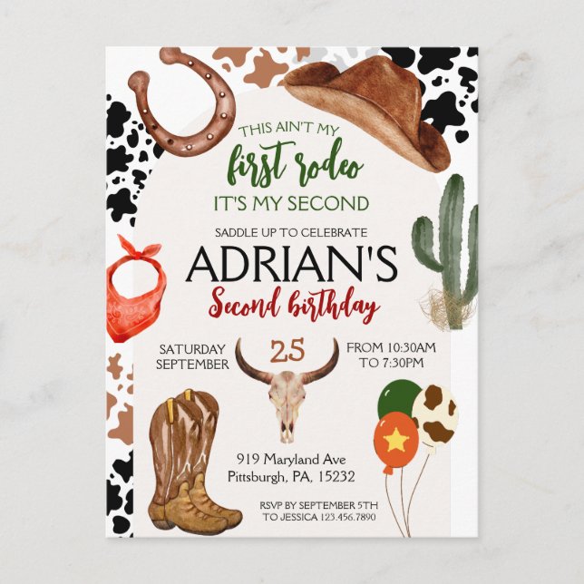 Cowboy Birthday 2nd Rodeo Birthday Party Postcard (Front)