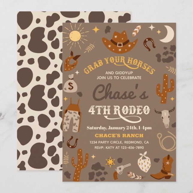 Cowboy Birthday Invitation | 4th Rodeo Invitation (Front/Back)