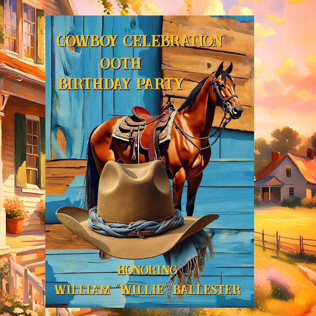 Cowboy Birthday Party Barn Horse Hat blue brown Invitation (Creator Uploaded)