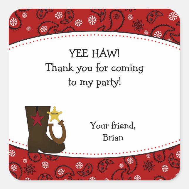 Cowboy Birthday Party Favor Sticker Red Paisley (Front)
