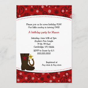 Cowboy Birthday Party Red Paisley boot horseshoe Invitation
