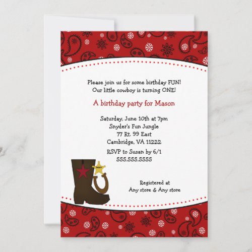 Cowboy Birthday Party Red Paisley boot horseshoe Personalized Announcements