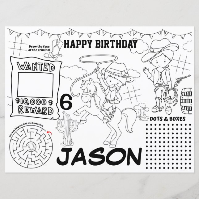 Cowboy birthday placemats, Cowboy activity sheet (Front)