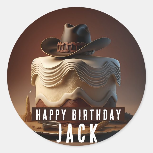 Cowboy Birthday Round Sticker – Western Cake Art (Front)
