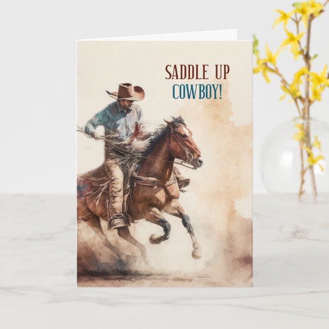 Cowboy Birthday Western Themed Horseback Card (Yellow Flower)