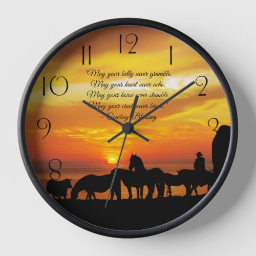 Cowboy Blessing Horse Cattle Sunset Silhouette Clock