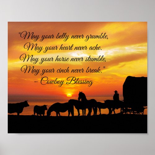 Cowboy Blessing Horse Cattle Sunset Silhouette Poster