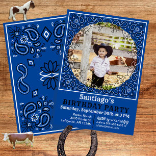Cowboy Blue Bandana Photo Birthday Invitation