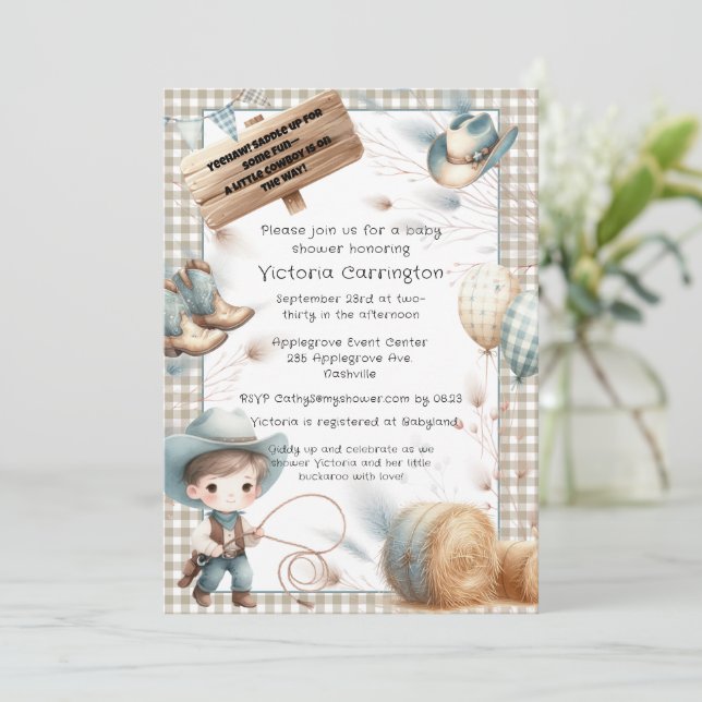 Cowboy Blue Boy Baby Shower Invitation (Standing Front)
