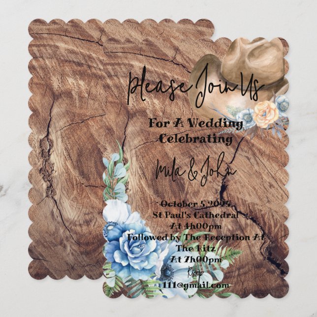 Cowboy blue floral bridal shower invitation  (Front/Back)