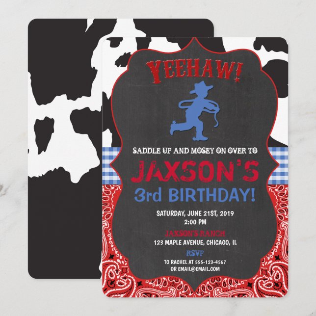 Cowboy blue red black boy birthday invitations (Front/Back)