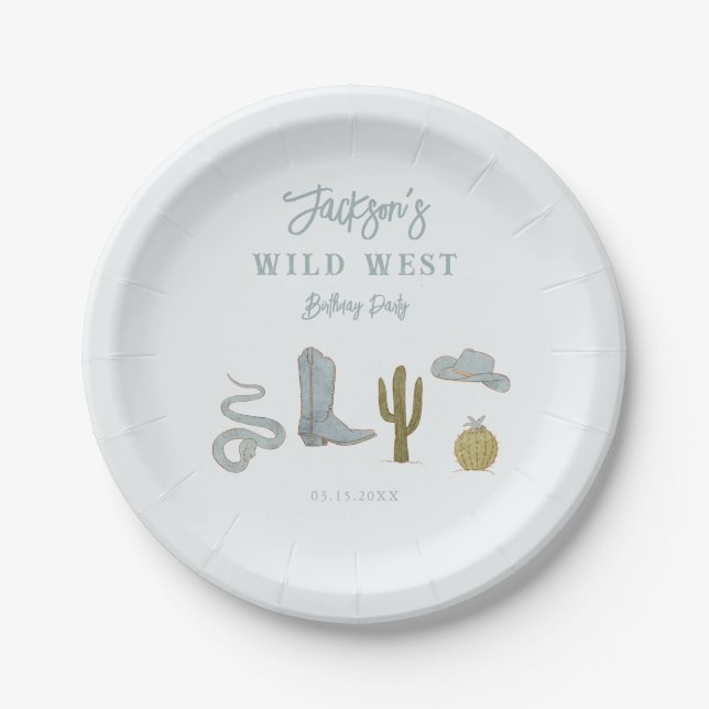 Cowboy Blue Wild West Birthday Paper Plates (Front)