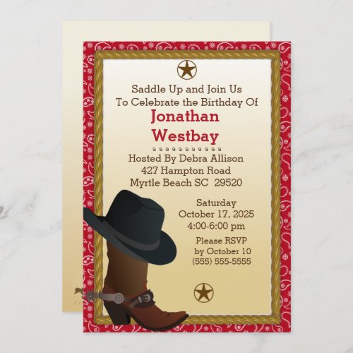 Cowboy Boot and Hat  Birthday Invitation