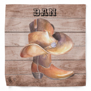 Cowboy Boot and Hat on Woodgrain, Country Music Bandana