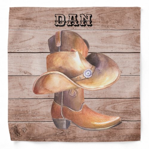 Cowboy Boot and Hat on Woodgrain Country Music Bandana