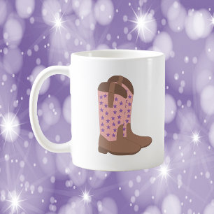 Cowboy Boot Brown Pink Purple Stars Coffee Mug
