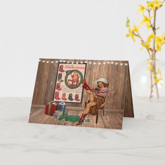 Cowboy Boot Christmas Cowgirl Putting  on Boots Card (Yellow Flower)