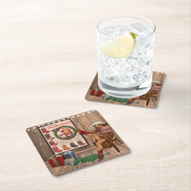 Cowboy Boot Christmas Square Paper Coaster (Insitu)