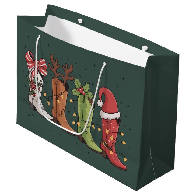 Cowboy Boot Christmas Western Cowgirl Country Xmas Large Gift Bag (Front Angled)